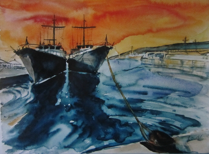 Werk von Dr. Martina Früchtl, zwei Segelschiffe im Hafen